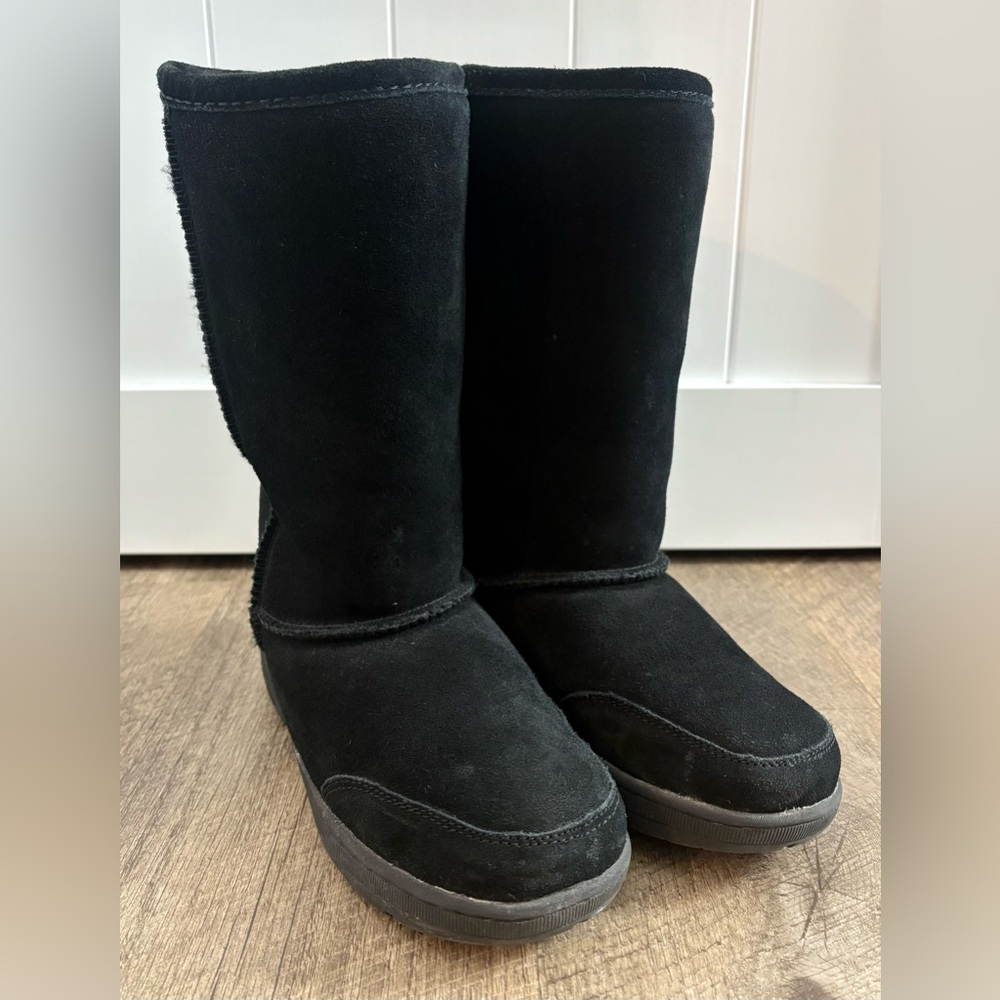 BearPaw Black Suede Mid-Calf Winter Boots with Faux-Fur Lining